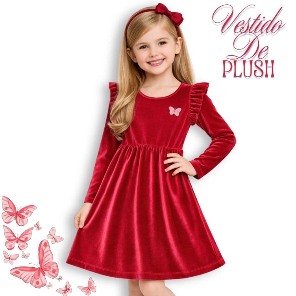 Vestido Plush Infantil Blogueirinha Com Babados- Efeito Aveludado- 4 Cores