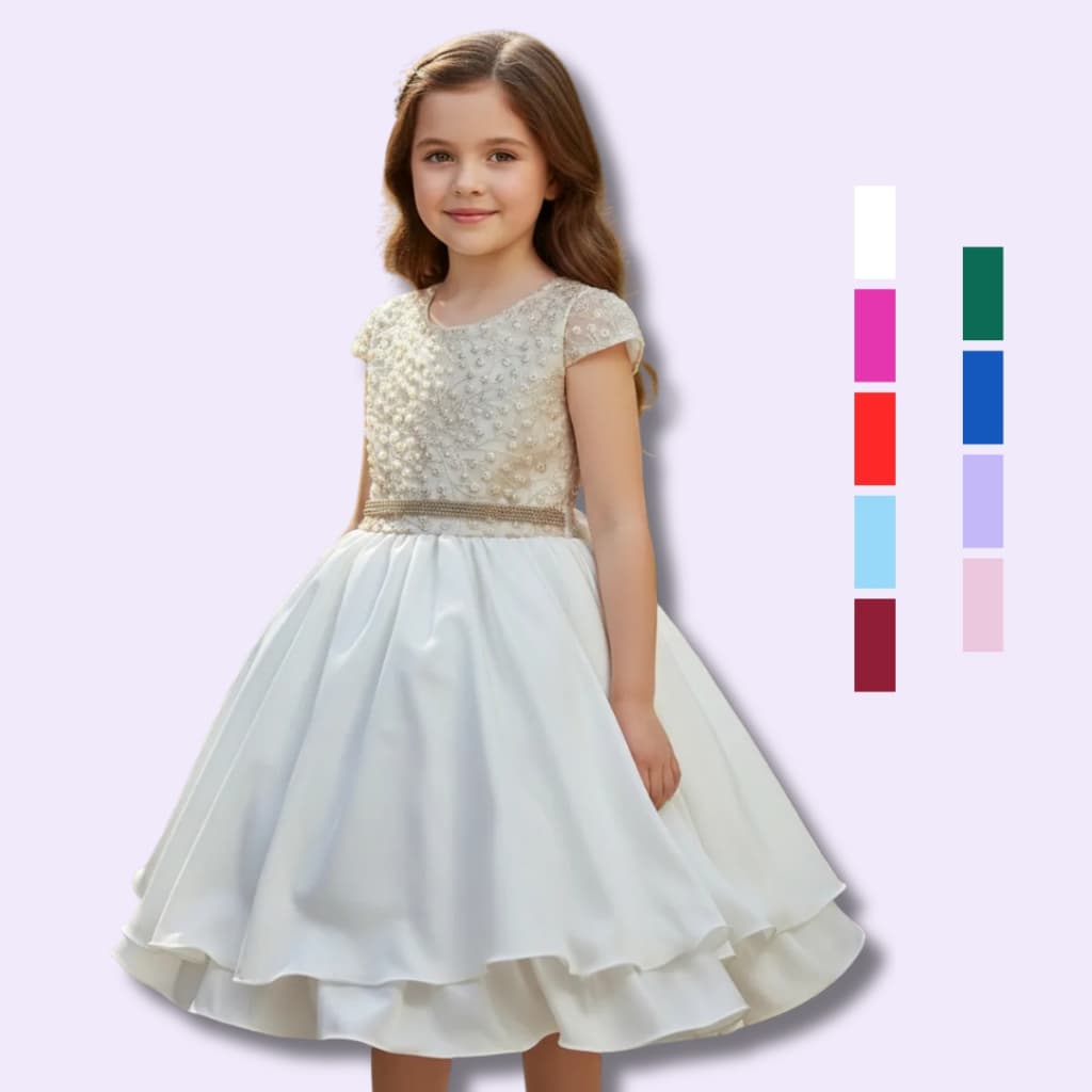 Vestido Juvenil Curto Bordado Saia Lisa Com Cinto Dourado