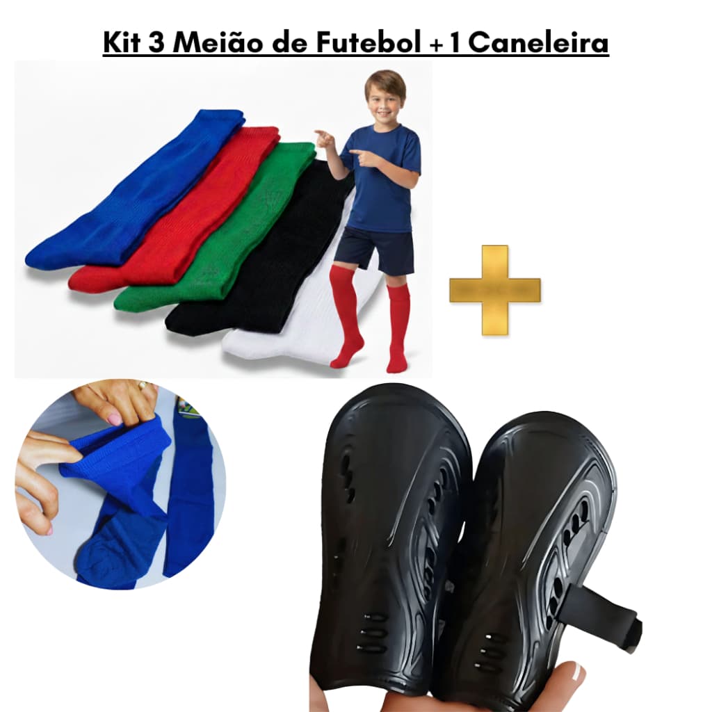 Kit 3 Pares Meião de Futebol Esportivo Longo Comprid Meia Solado Toalha Grossa +1 Caneleira Infantil