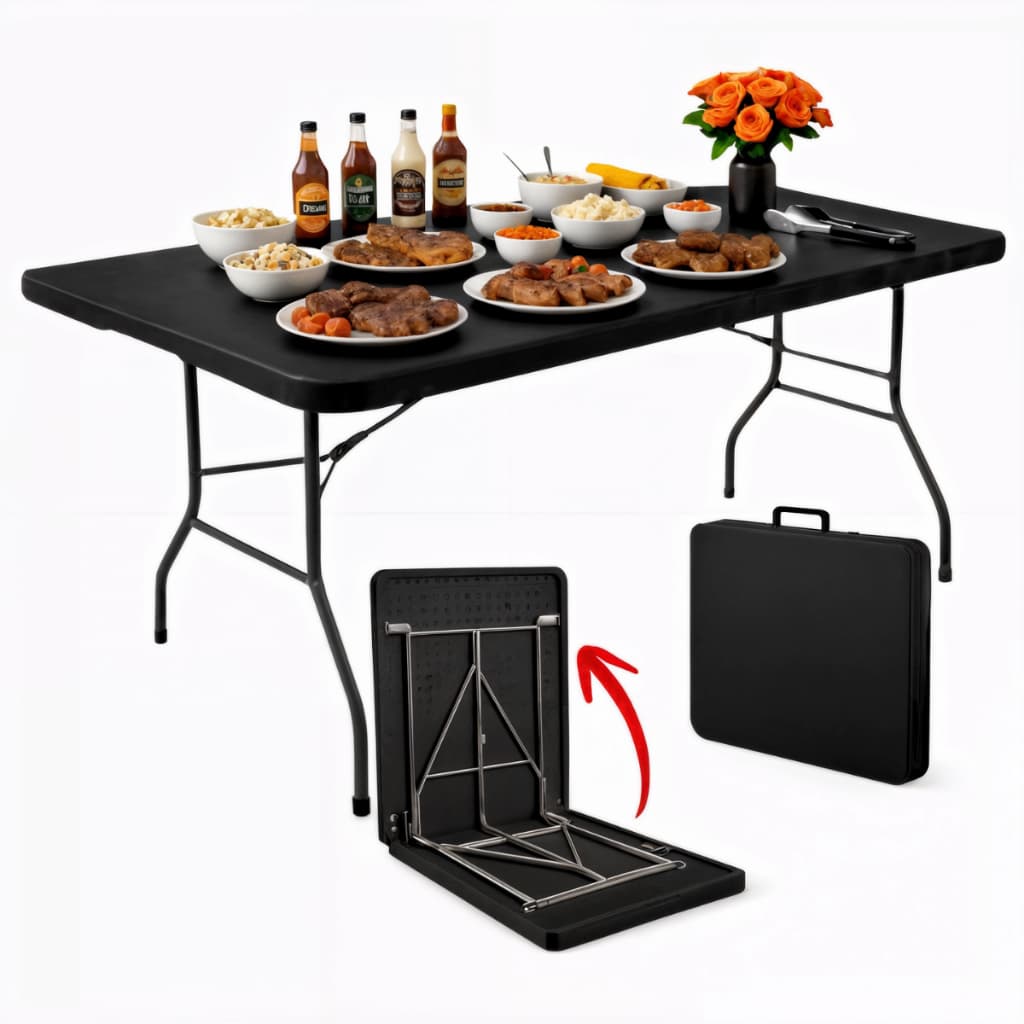 Mesa Dobrável Vira Maleta 1,80m Portátil Preto Para Camping Pesca Jardim Externa Interna