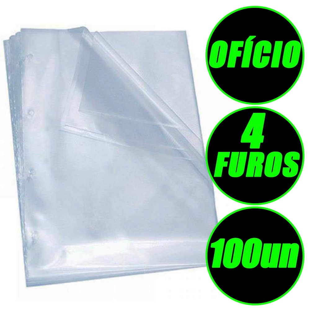 Saco Envelope Plástico Transparente 4 Furos Ofício A4 0.06 Pacote 100