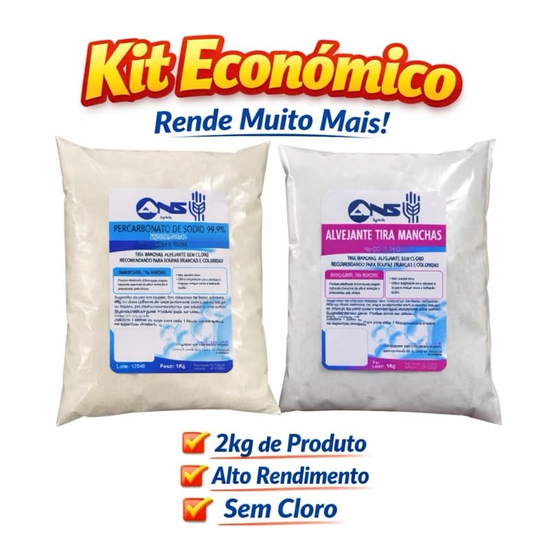 Kit Econômico 2kg Alvejante Tira Manchas Sem Cloro - Percarbonato de sódio 99,9%