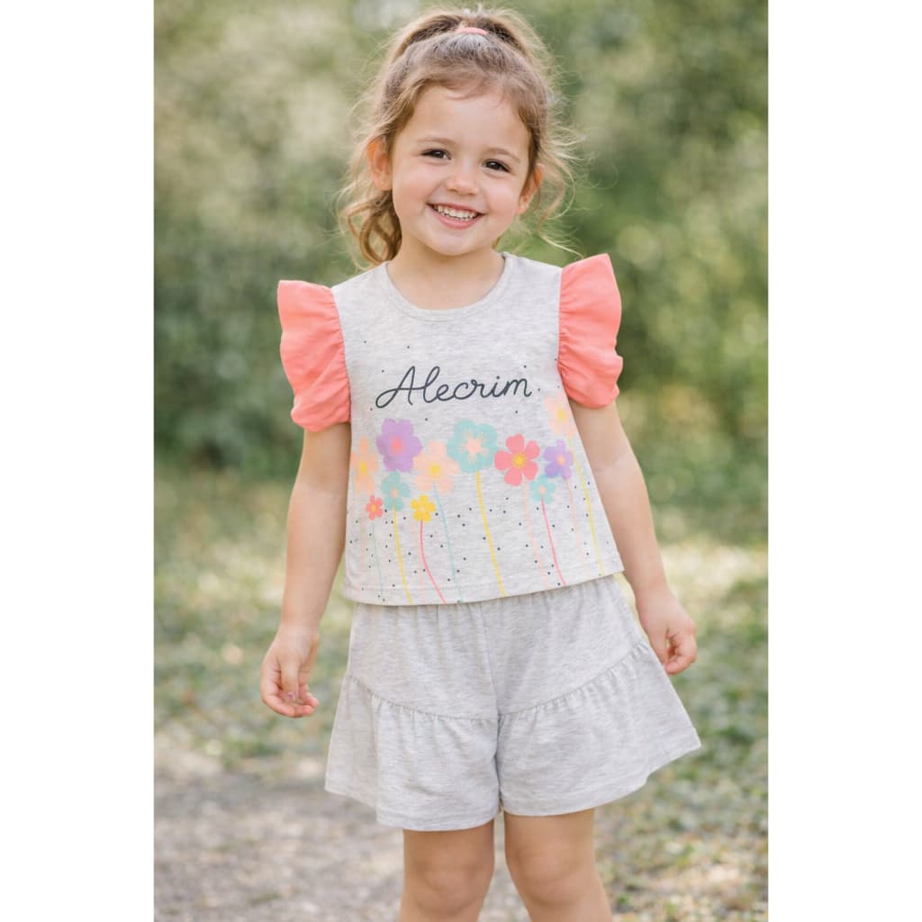 Conjunto Infantil Estampa Alecrim Blusa Manga Franzida e Bermuda com Recorte e Franzido