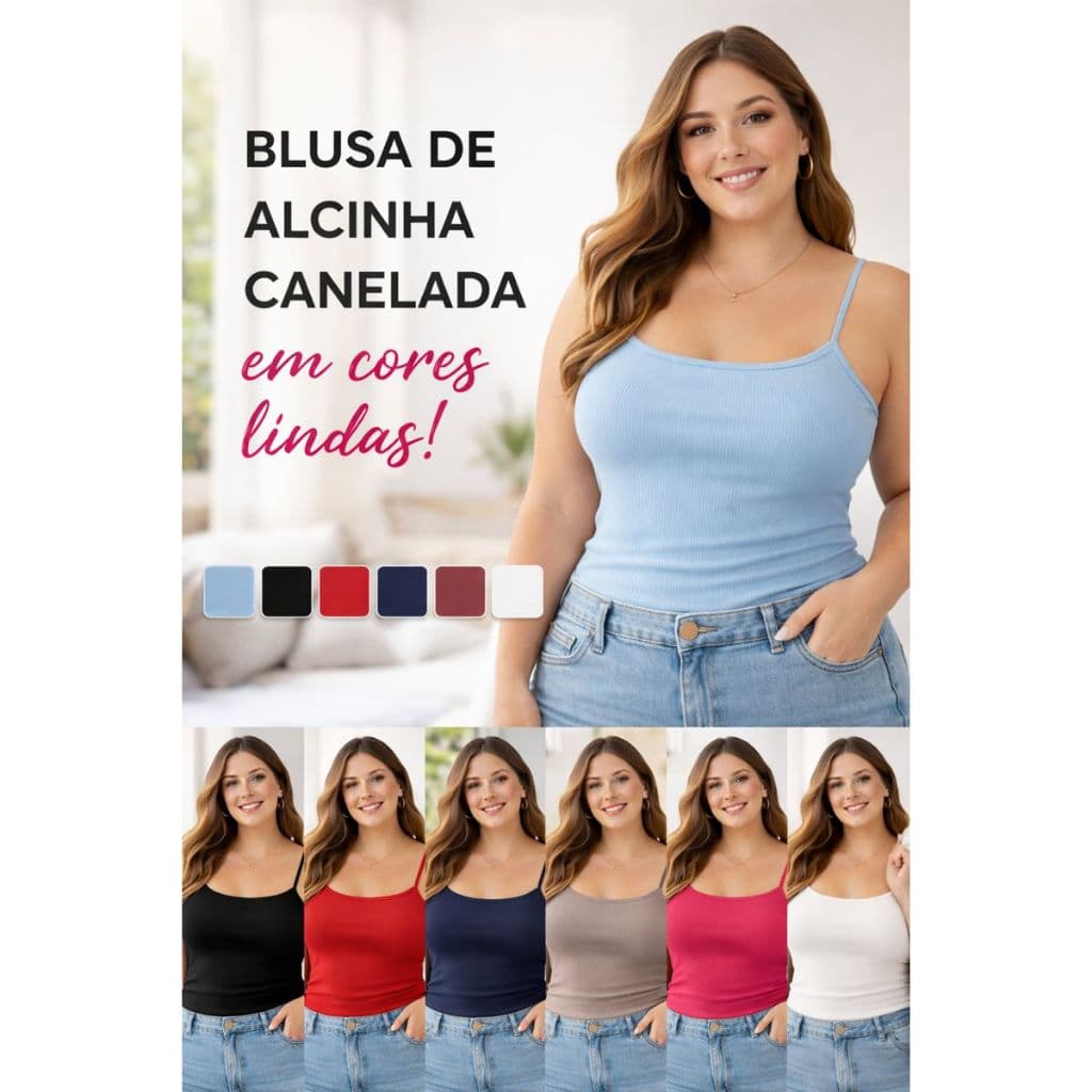 Blusa de Alcinha Canelada Feminina Básica Premium P ao G4 Plus Size
