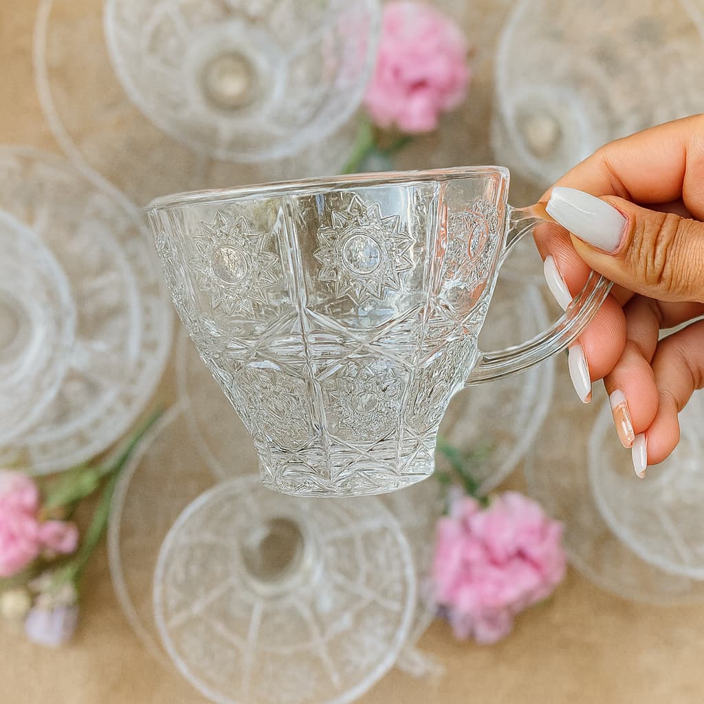 Jogo de 6 Xícaras de Vidro 220 ml Decoradas Mandala Floral Estilo Boho para Café e Chá