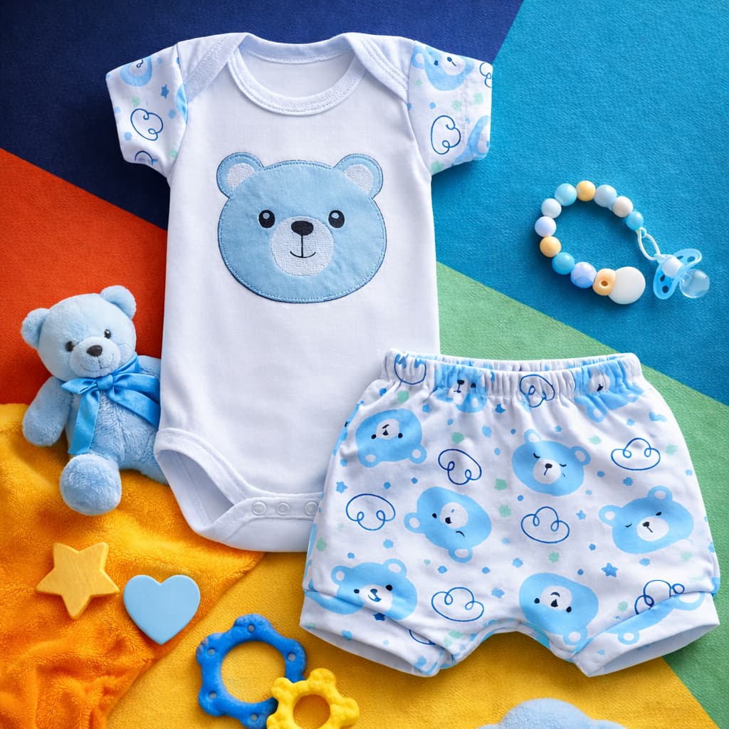 Conjunto Bebê Menino com Bory e Tapa Fraldas em Malha Suedine 100% Algodão Macio Confortável