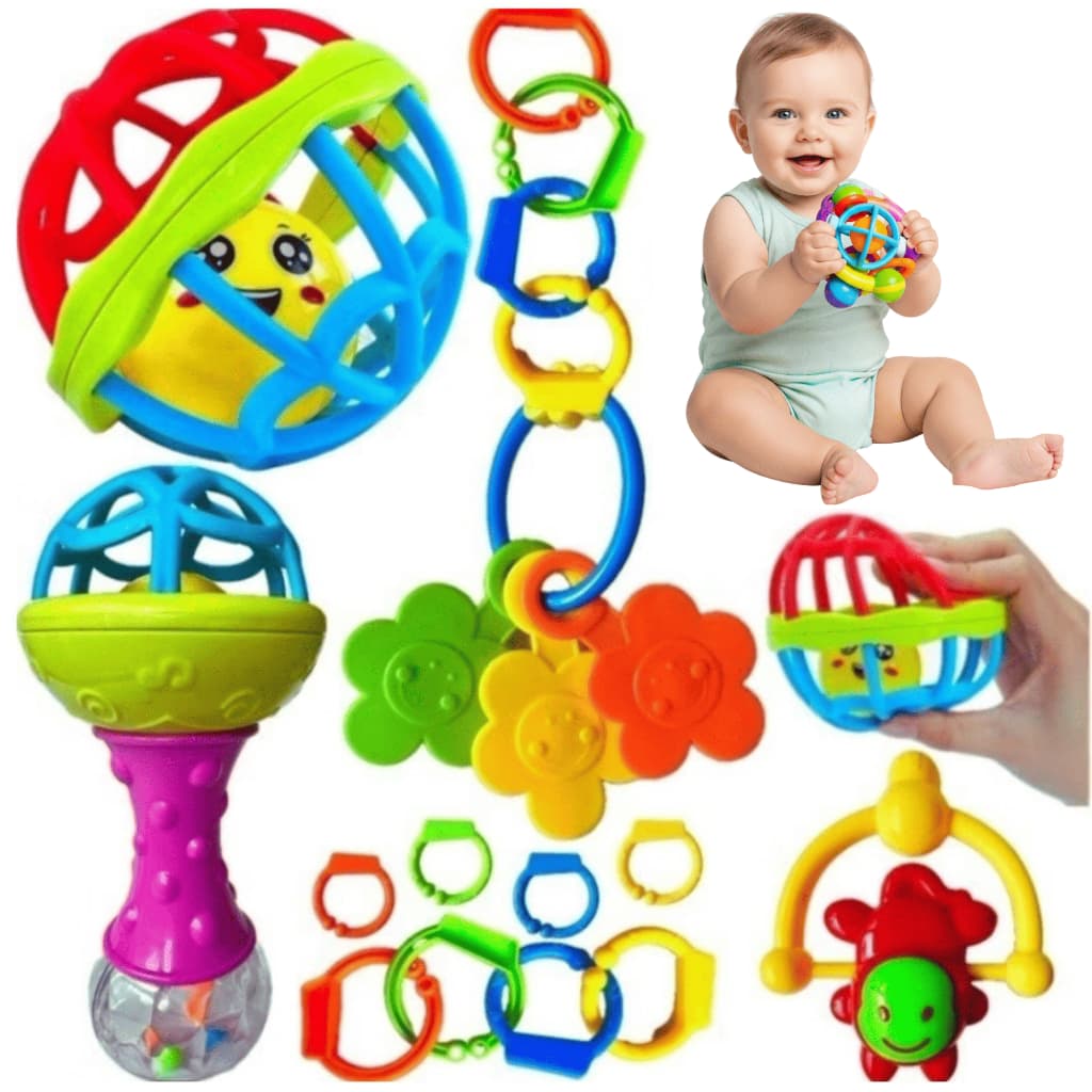 Kit Chocalho 8 Peças Mordedor Bebê Brinquedo Sensorial Macio Presente Para Menina e Menino Móbile para Berço