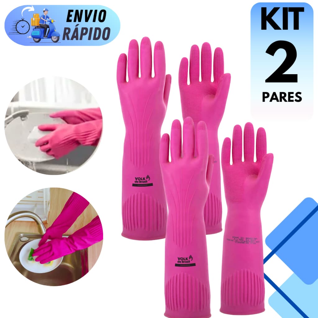 KIT 1 E 2 PARES LUVA VOLK LATEX RANHURADA ROSA MULTIUSO IMPERMEAVEL ANTIDERRAPANTE LIMPEZA COZINHA