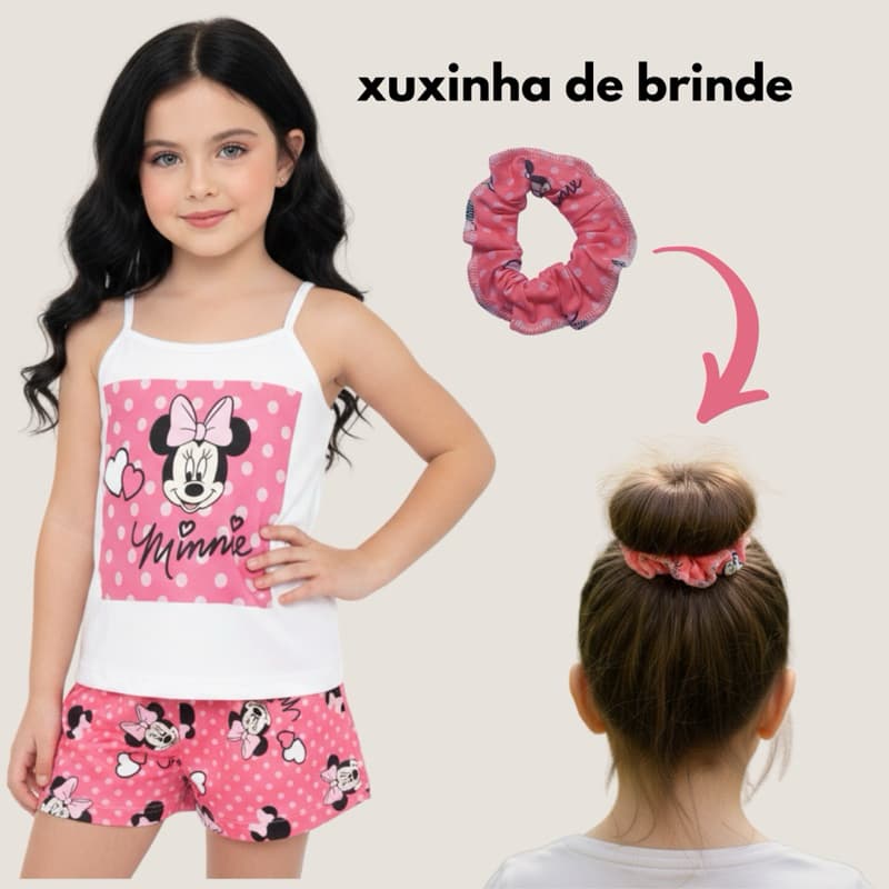 Pijama Infantil Minnie Rosa Feminino Conjunto Alcinha e Short com Mimo