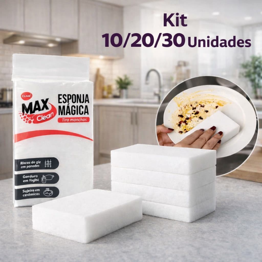 Kit 10/20/30 Esponja Mágica Branca Melamina Tira Mancha Limpeza Desengordura Bucha Max Clean