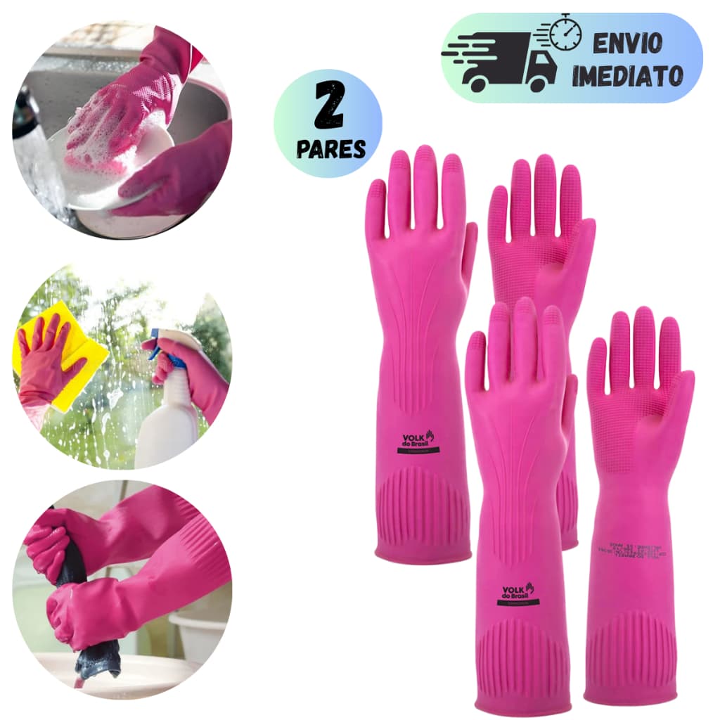KIT 2 OU 1 PAR LUVA DE LATEX VOLK RANHURADA ROSA MULTIUSO IMPERMEAVEL ANTIDERRAPANTE COZINHA LIMPEZA