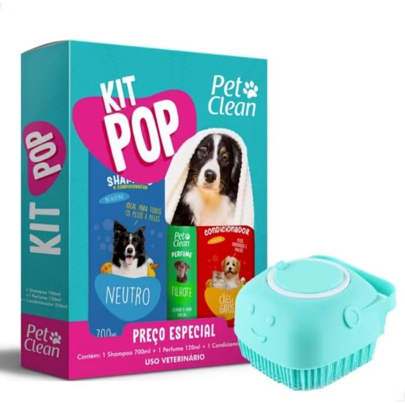 Kit Higiene Pet Clean: Shampoo + Condicionador + Perfume + Esponja Dispenser e Massageadora