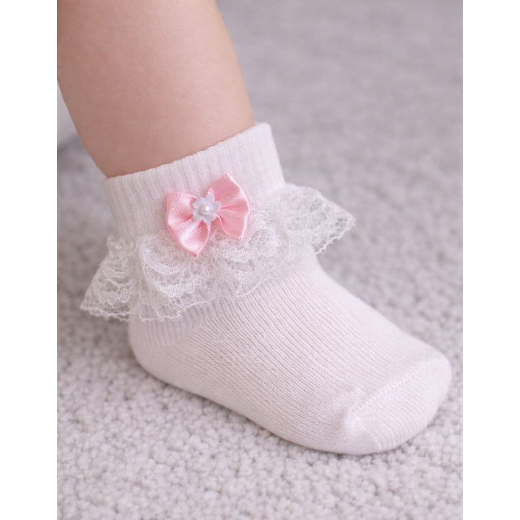 Meia Infantil com Renda e Laço Flor Cano Médio Elegante para Bebês Batizado Casamento