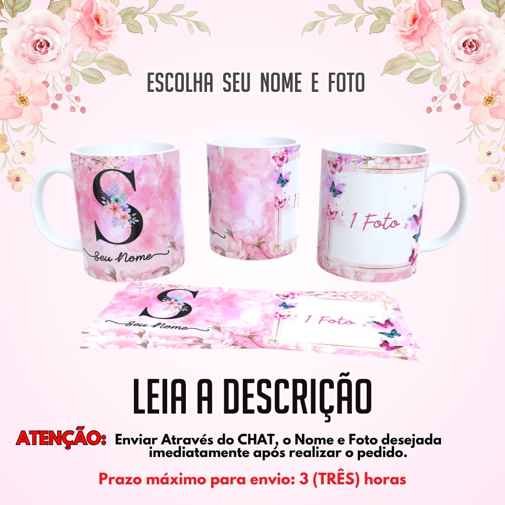 Caneca Xícara Alfabeto Floral com Borboleta - com Nome e 1 Foto Personalizada