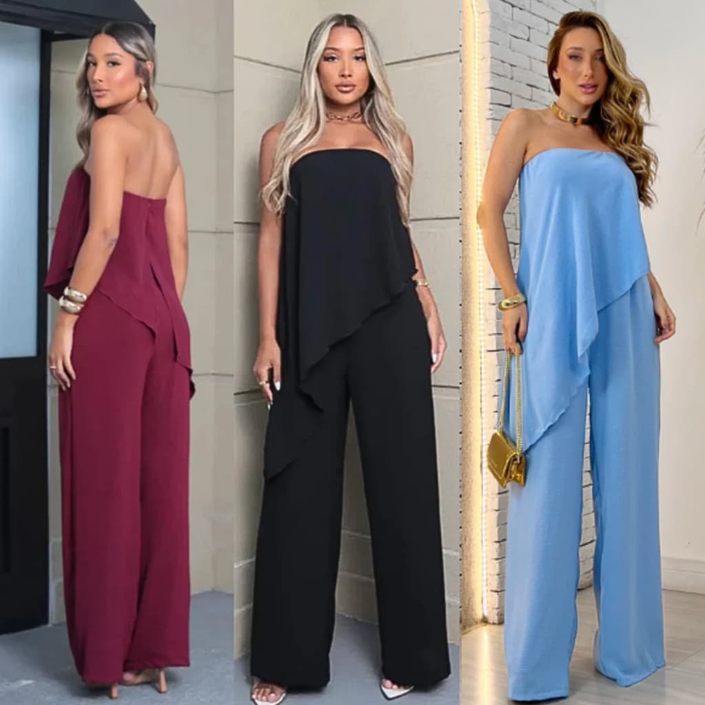 Macacão Assimétrico Feminino Pantalona Longo Duna Tomara que caia Alfaiataria Social Elegante Elegante Moda Mulher Verão