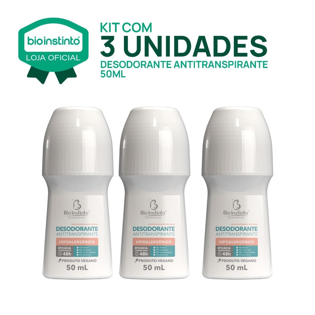 KIT 03 UN DESODORANTE Roll-on 50ml Bio Instinto Antitranspirante Proteção Prolongada Vegano