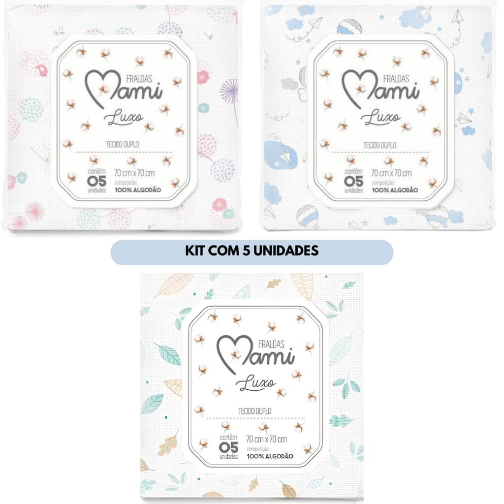 Fralda de Pano Luxo Premium Tecido Duplo Estampada Mami 5 Unidades 100% Algodão P/Bebê Menino Menina