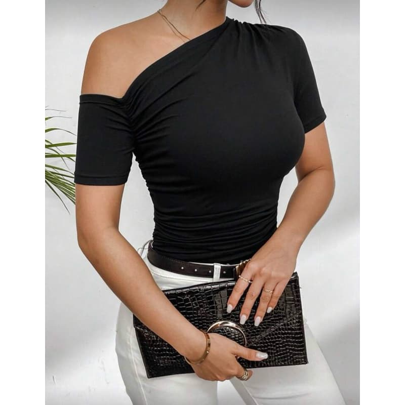 Blusa Feminina Savana Suplex com Manga Curta Assimétrica Drapeada Verão Elegante Casual Ombro a Ombro Estilosa