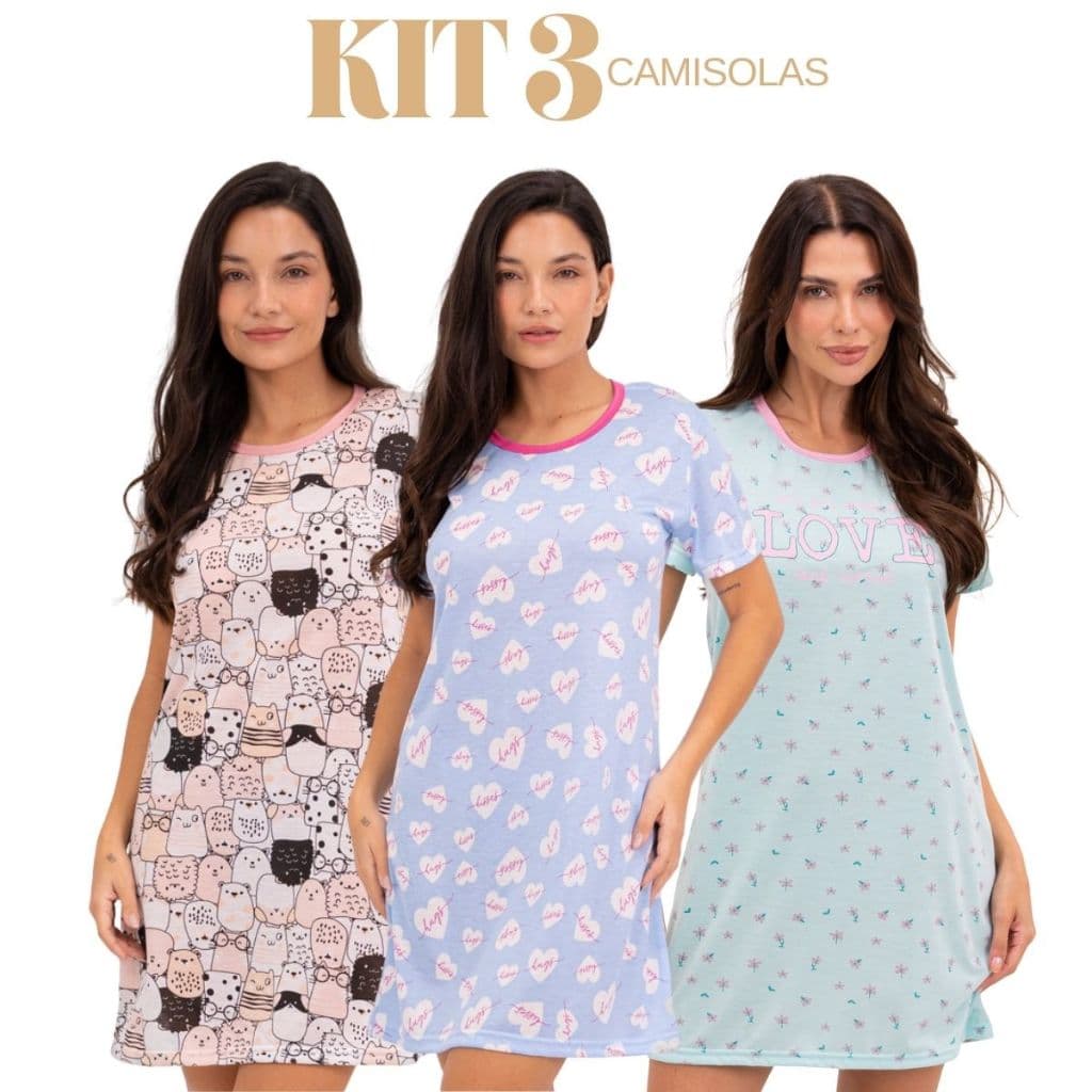 Kit 3 Camisolas Femininas de Verão Leves Macias Confortáveis Dormir P ao GG