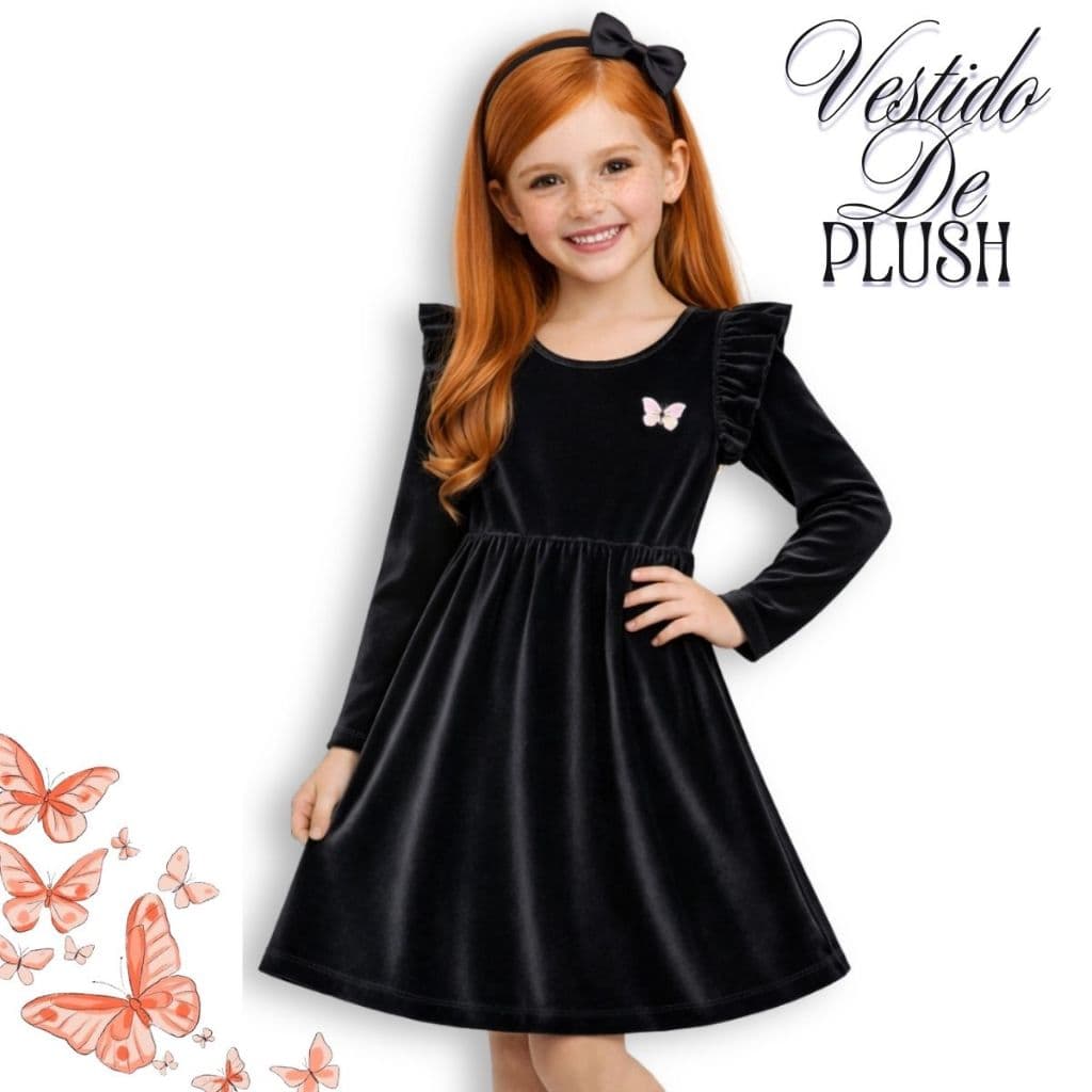 Vestido Plush Infantil Blogueirinha Com Babados- Efeito Aveludado- 4 Cores
