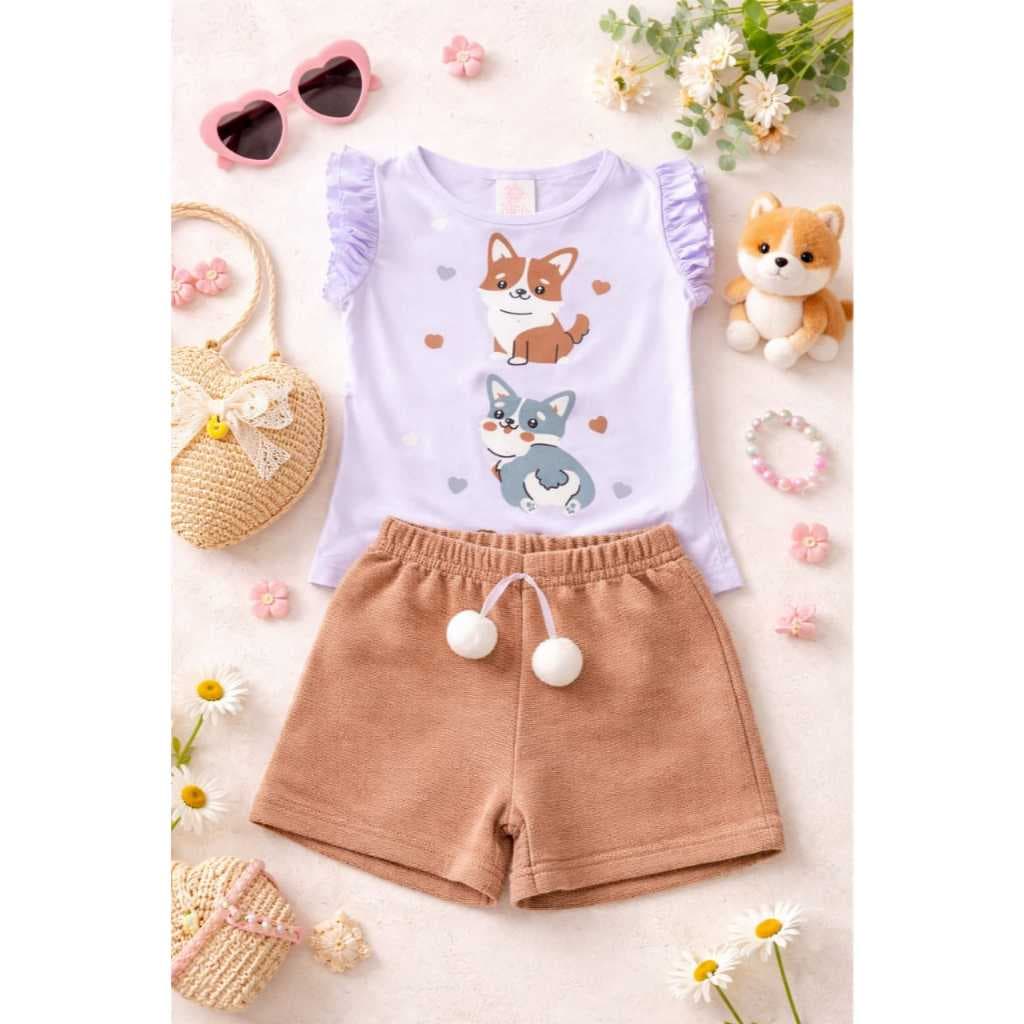 CONJUNTO DE VERÃO INFANTIL MENINA .BLUSA COM MANGA FRANZIDA +BERMUDA COM POMPOM