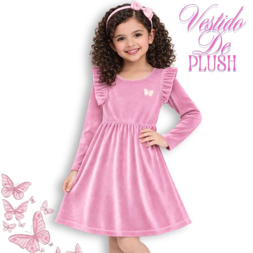 Vestido Plush Infantil Blogueirinha Com Babados- Efeito Aveludado- 4 Cores