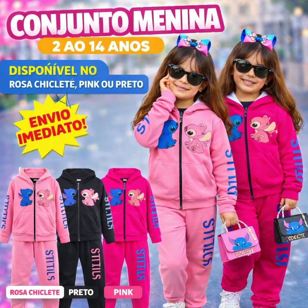 Conjunto De Moletom  Infantil Juvenil Menina Stitch Abrigo Calça e Casaco Quentinho