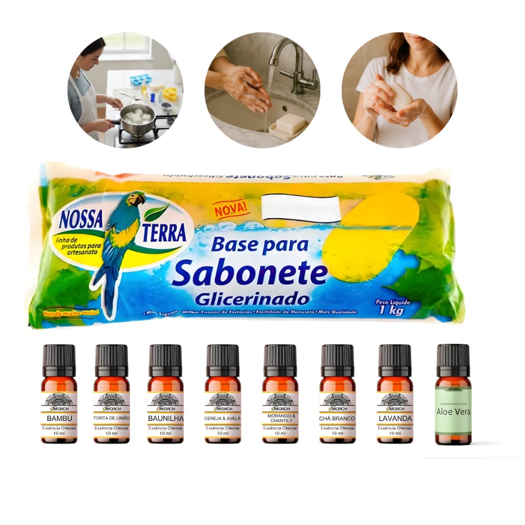 Kit Base Glicerinada + Essência + Extrato Glicólico Faça Seu Sabonete Kit Sabonetes Caseiros Únicos