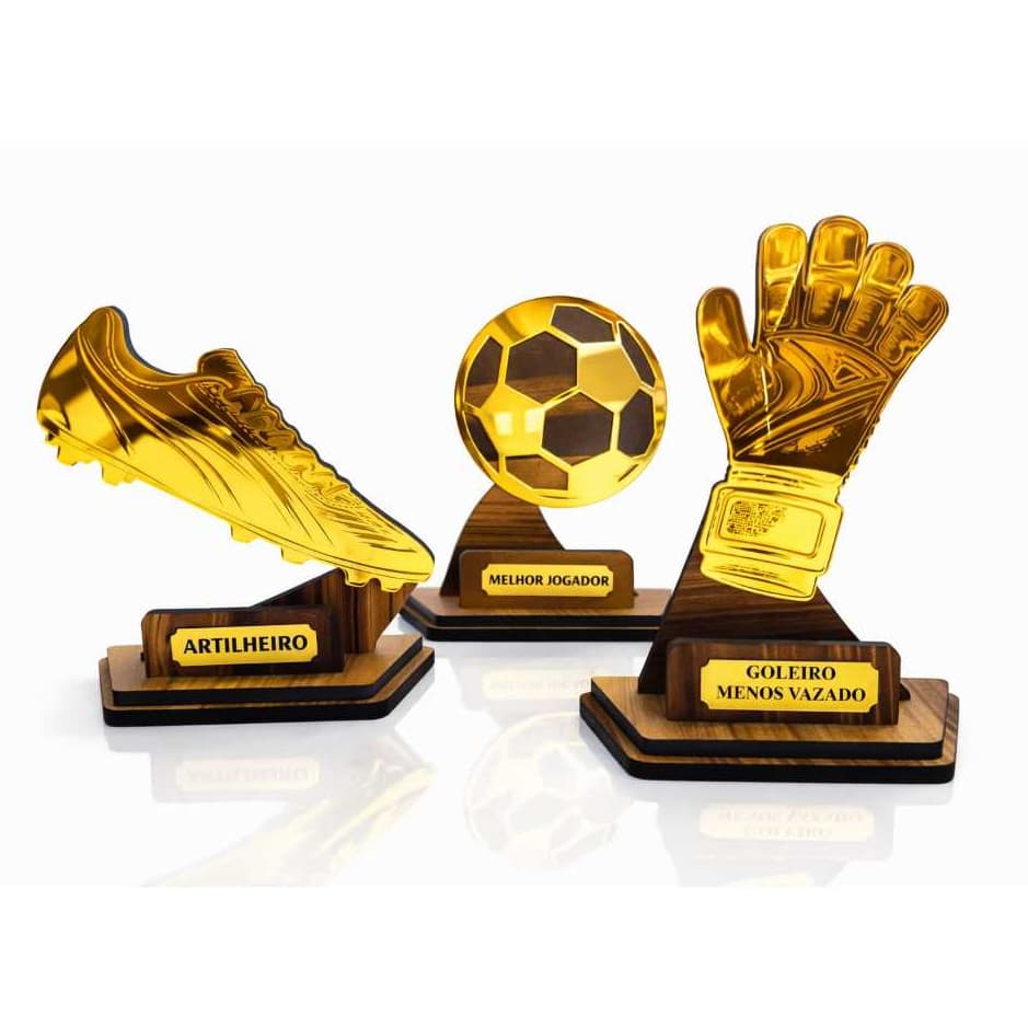 Kit 3 Troféus Premiação Artilheiro Melhor Jogador Goleiro Mdf Acrílico Reforçado