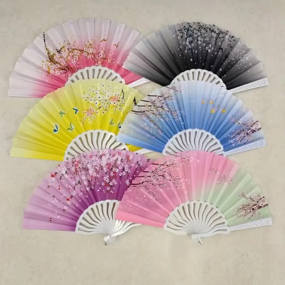 Leques de Mão Floridos Renda Glitter Branco Preto e Colorido Japonês Estilo Oriental