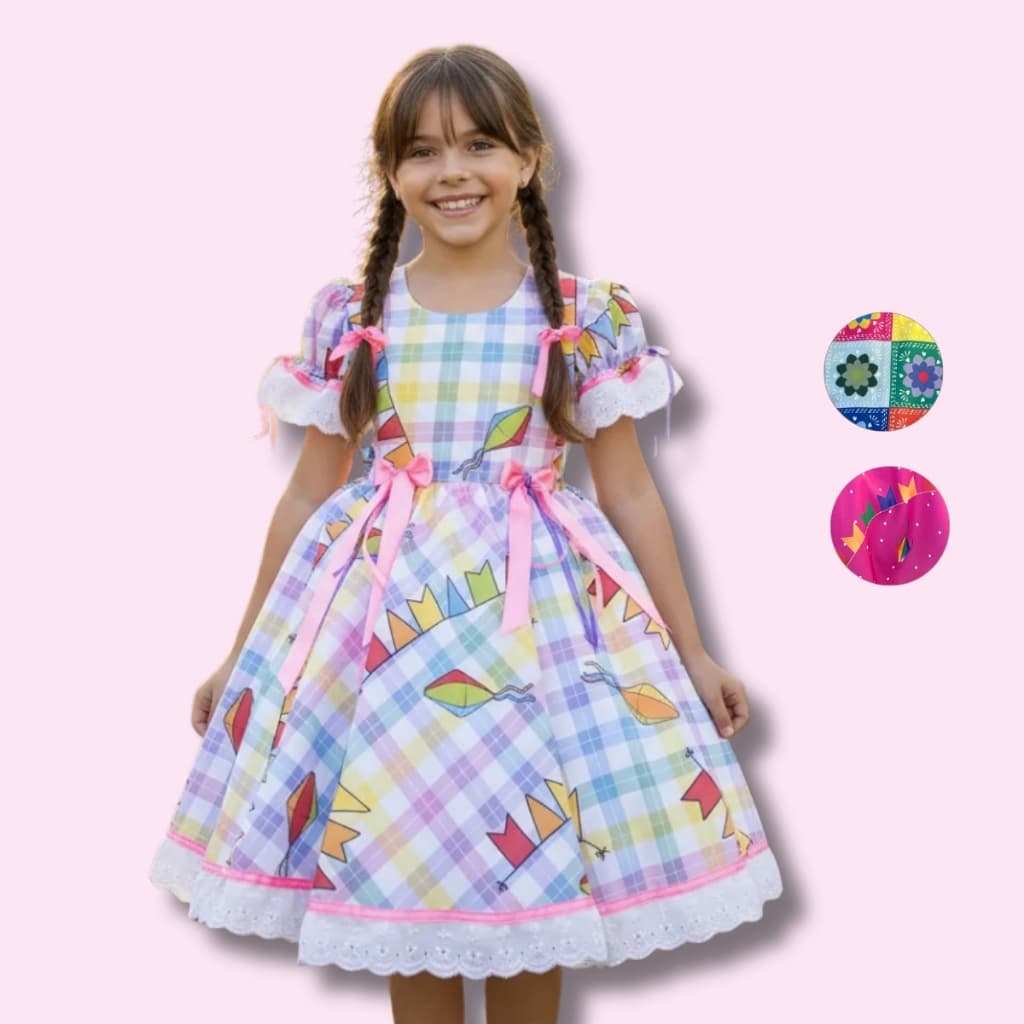 Vestido Festa Junina Curto Quadrilha São João Flores Quadriculado Bandeirinhas