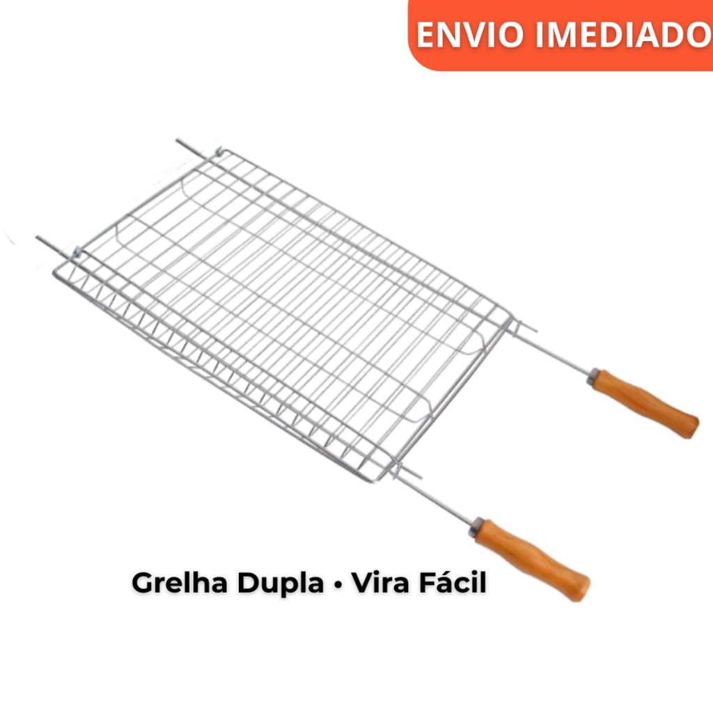 Grelha Dupla de Churrasco Cabo de Madeira – Alta Durabilidade, Fácil de Limpar, P/ Churrasqueiras