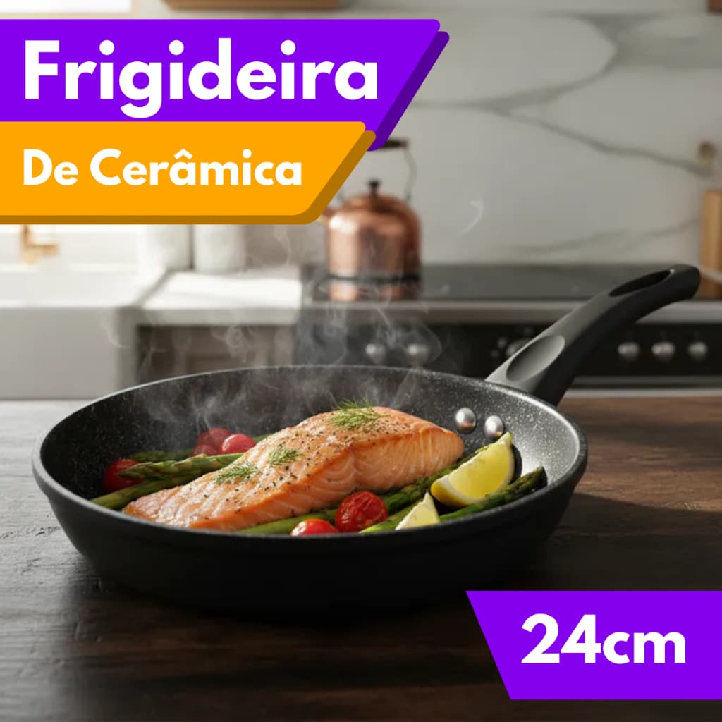 Frigideira De Indução Cerâmica Antiaderente Reforçada Com Cabo Ergonômico 24cm Preto Creme Granito