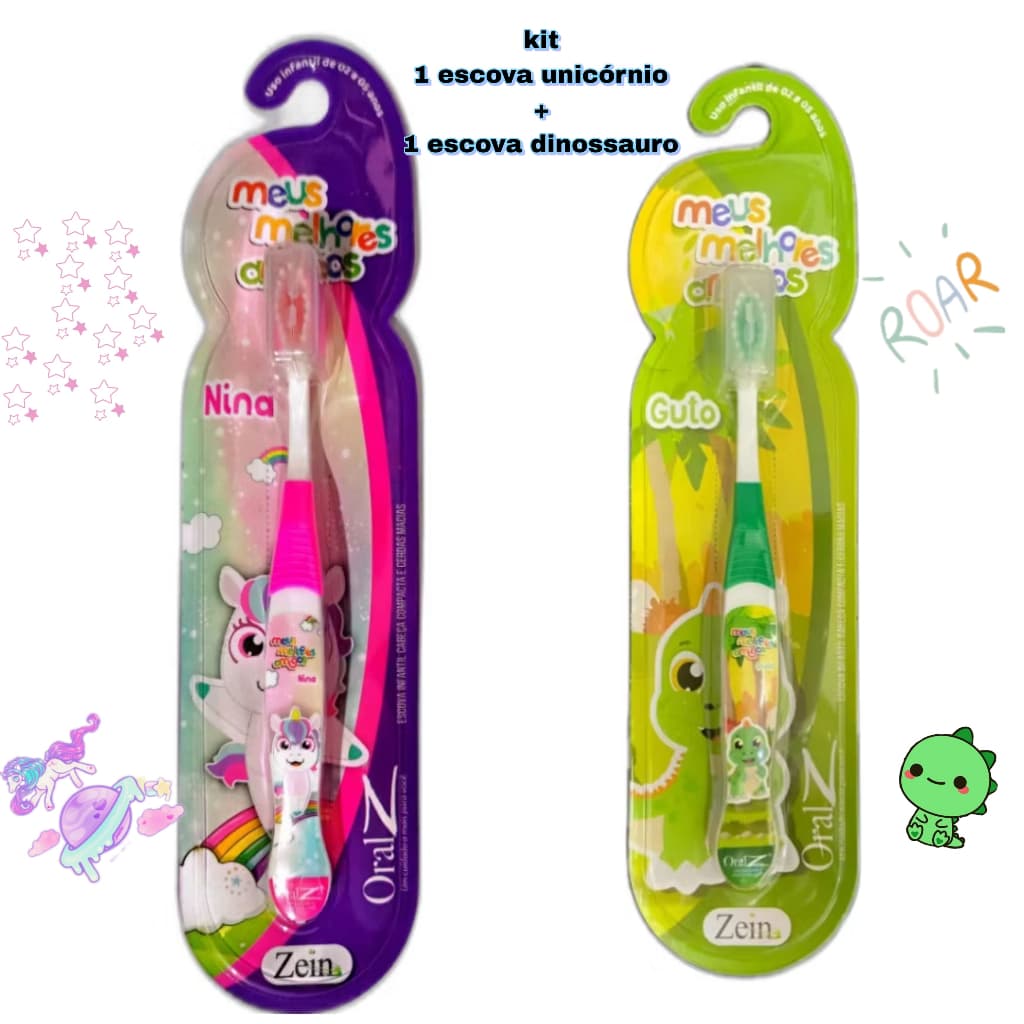 Kit 2 Escovas De Dentes Macia Infantil Criança Menino Dinossauro Verde e Menina Unicórnio Rosa
