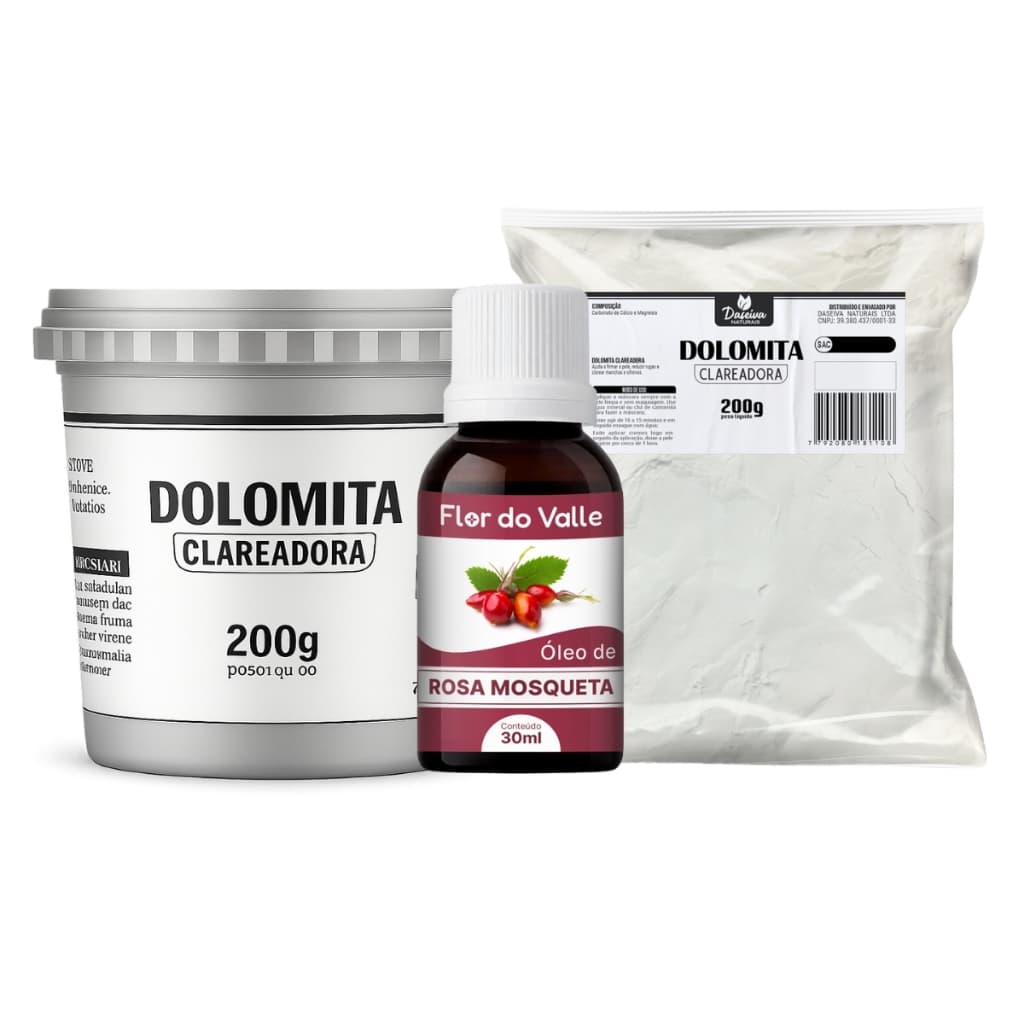Dolomita Clareadora 200g POTE Dolomita Clareadora 200g SACO e Óleo de Rosa Mosqueta Rubiginosa 30ml