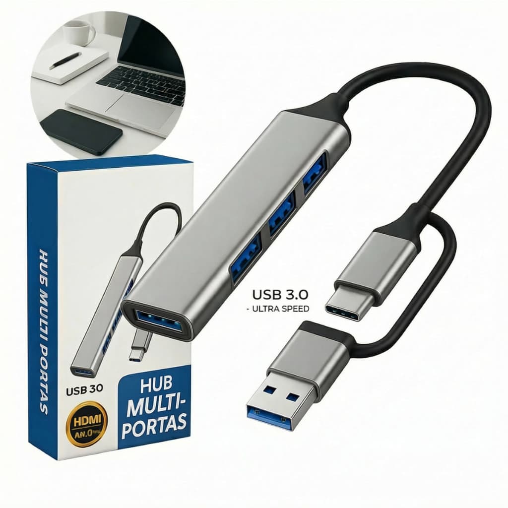Hub USB-C 4 Portas USB 3.0 – Adaptador Ultra Rápido 5Gbps p/ Notebook, MacBook, Celular e Tablet