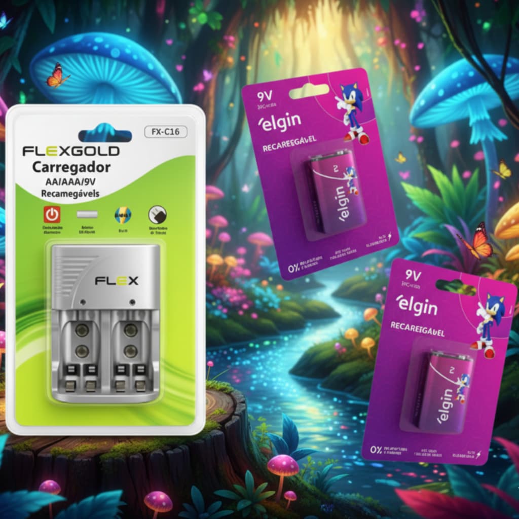 Kit Carregador Flex Gold + 2 Baterias 9V Elgin Recarregável , recomendados para violões, brinquedos e outros eletrônicos