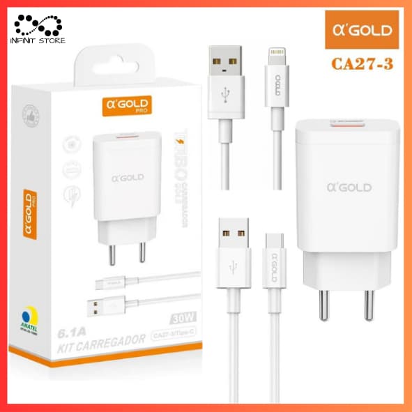 Kit Carregador Fonte + Cabo 30W Entrada USB + Tipo-C/USB + Lightning Para iPhone e Android