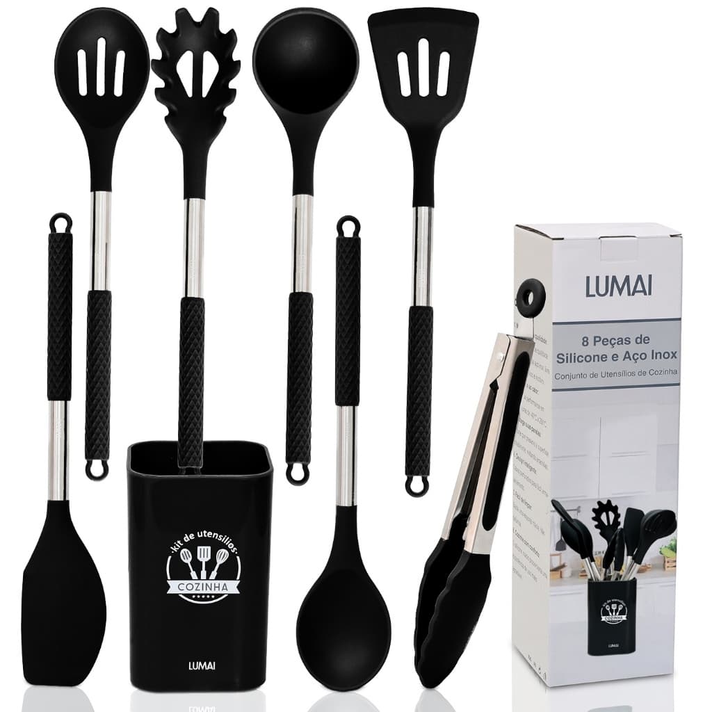 Kit 8 Utensílios de Cozinha de Silicone Preto e Aço Inox Grande c/ Balde - Antiderrapante - Original