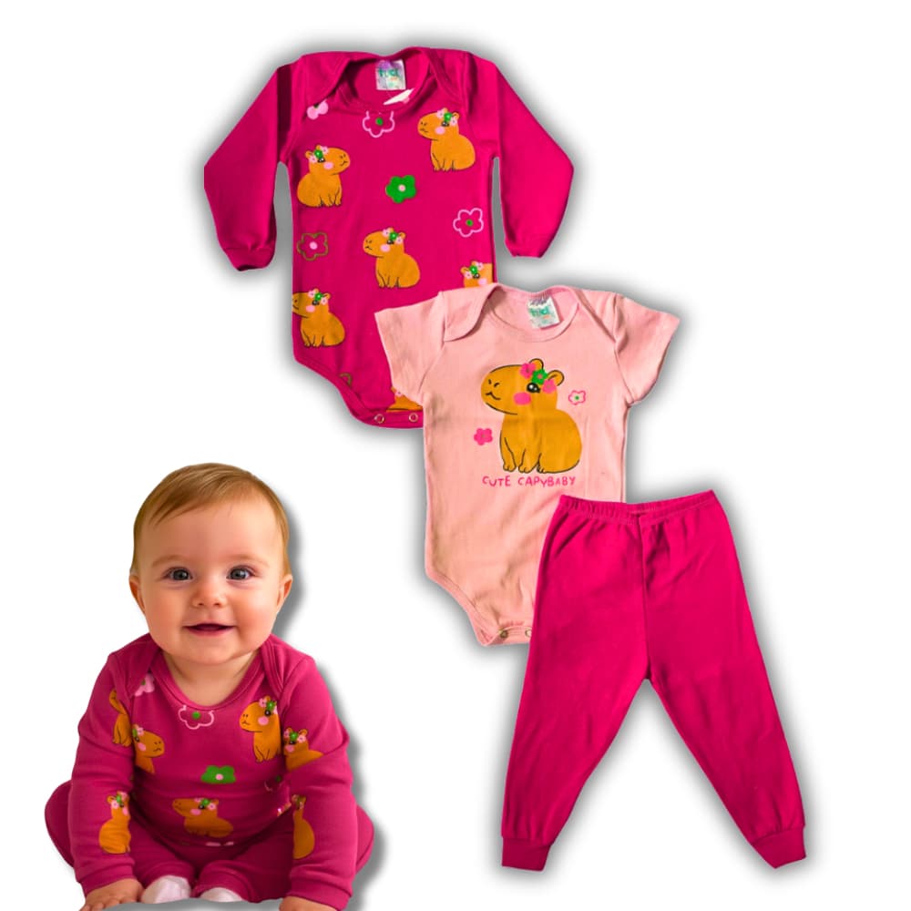 Kit 3 Peças Roupa Bebê 2 Body e 1 Calça Mijão Infantil Manga Longa Menina Algodão RN P M G GG