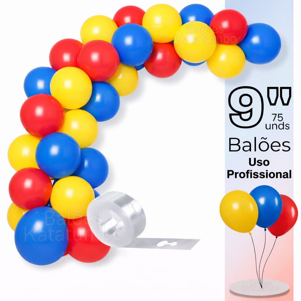 Balão Bexiga Látex 9 Pol - 75 Unds, Amarelo, Azul, Vermelho + Tira Arco Desconstruído - Balão de Aniversário