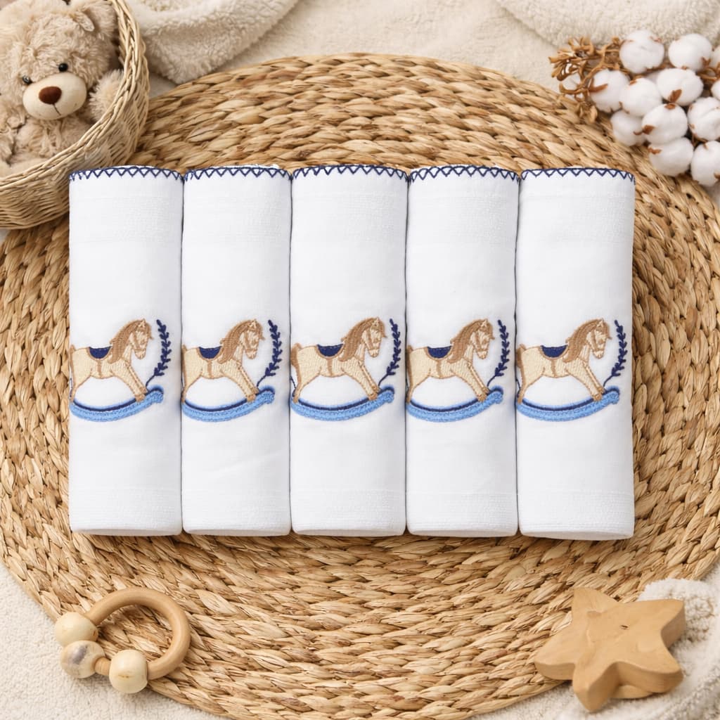 Kit 5 Fraldas Bordada Luxo | Meninos e Meninas | Fralda Pano Bordada de Bebê | 100% Algodão