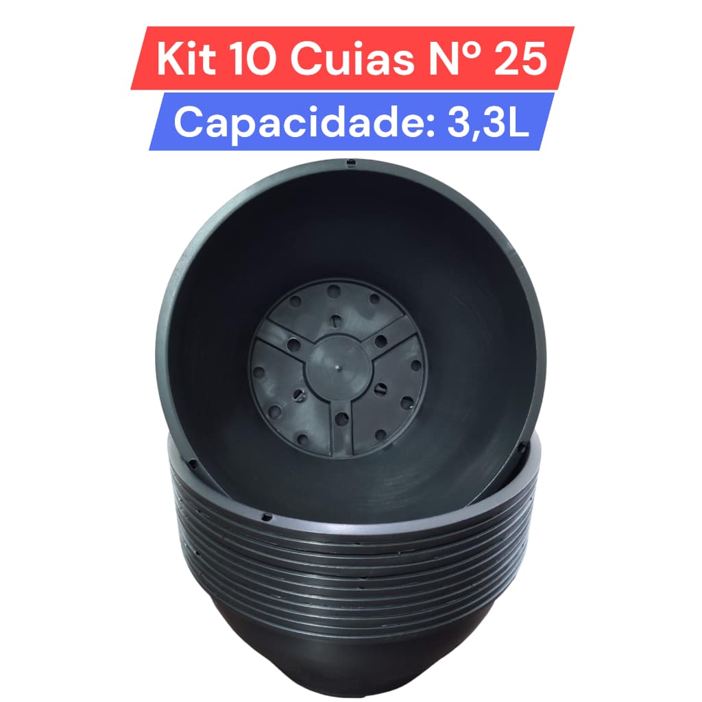 Kit 10 Vasos Cuia Nº 25 Preto 3,3 Litros - Rosa do Deserto, Orquídeas e Jiboia