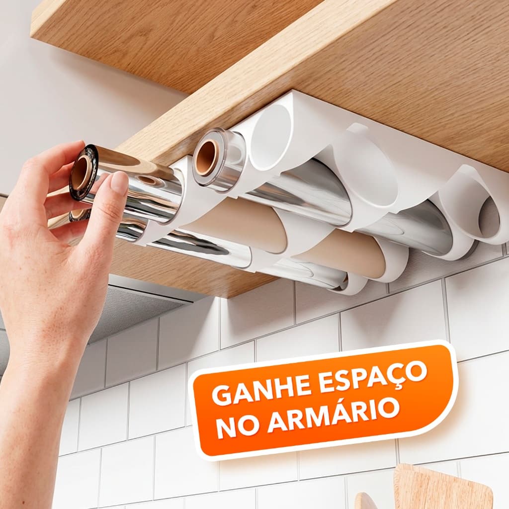 Porta Papel Alumínio e Filme PVC Duplo Sem Furar | Organizador de Armário com Fita 3M
