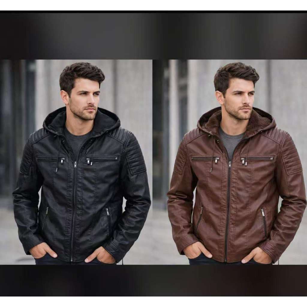 Jaqueta De Couro Masculina Forrada em Poliéster Encapuzado Top Pronta Entrega