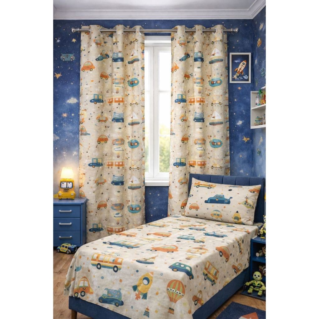 Kit Infantil Lençol + Fronha + Cortina 2 Partes Estampado Algodão-Poliéster - 3 Peças Temáticas