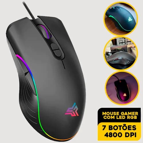 Mouse Gamer Profissional RGB 4800 DPI Alta Precisão 7 Botões para Jogos FPS