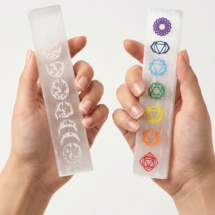 Placa Selenita Branca 7 Chakras Fases da Lua Régua Pedra Natural
