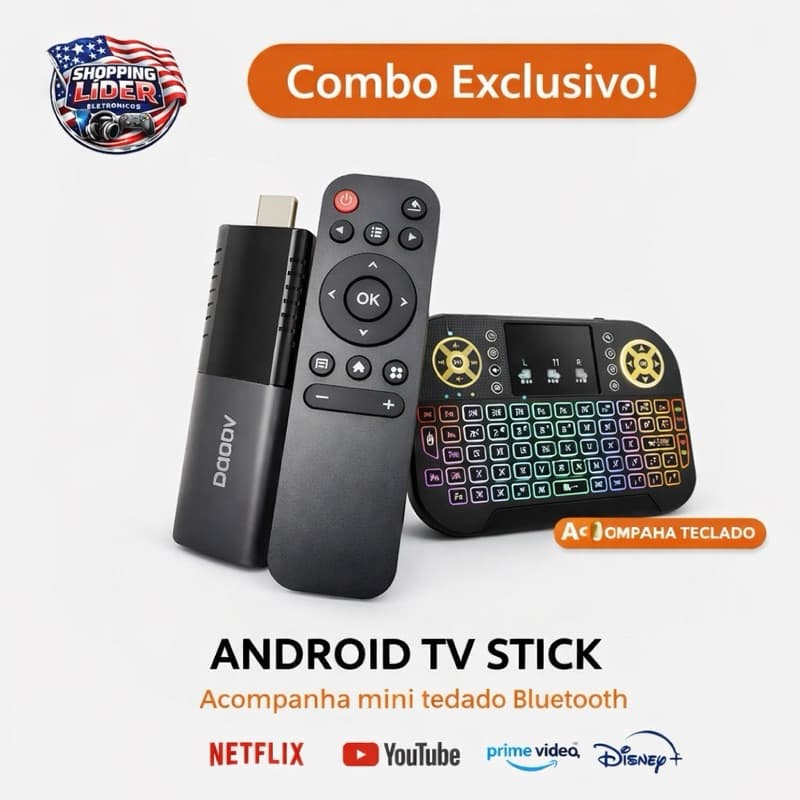 Android TV Stick 4K + Mini Teclado Sem Fio Bluetooth | Netflix YouTube Prime Disney