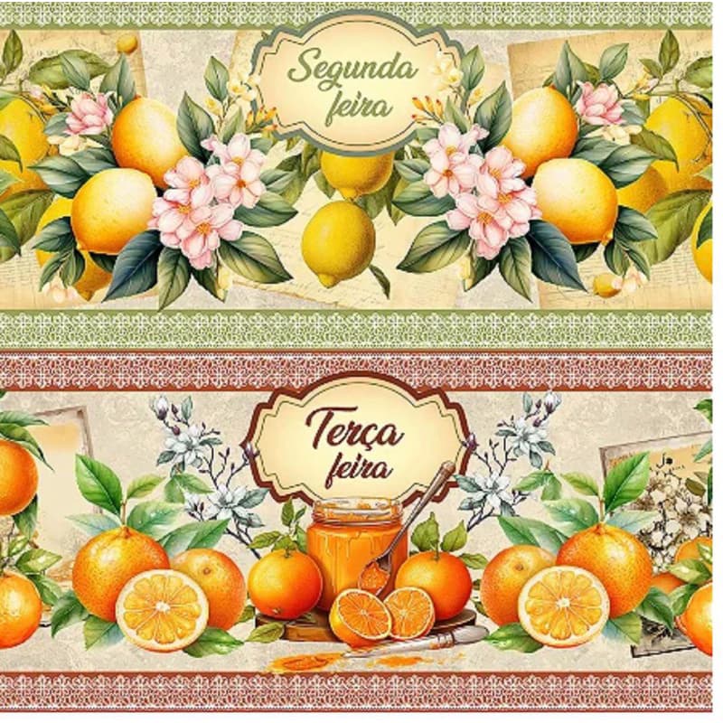 Tecido Tricoline 100% Algodão Barrado Digital Semaninha Salada de frutas 55cm x 1,50m – 10 Faixas para Pano de Prato